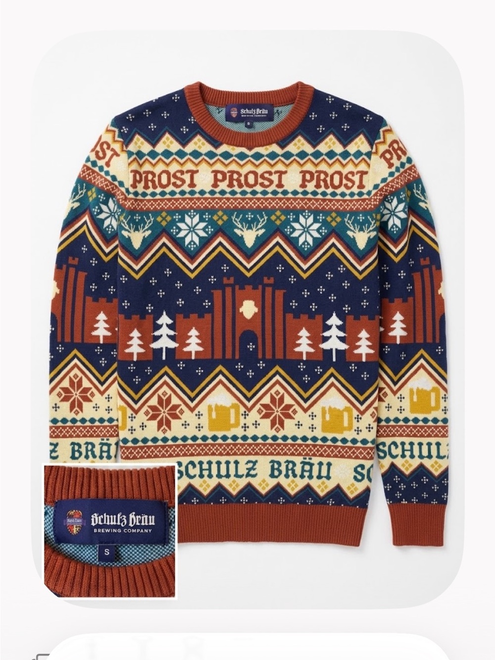Schulz Bräu Men’s Navy and Rust Patterned Crewneck Holiday  Sweater S